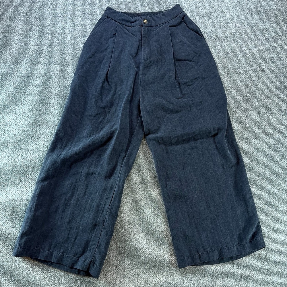 VTG Ally Ideal Navy Blue Pleated Wide Leg Cropped Trousers Culottes Sz 25 Office